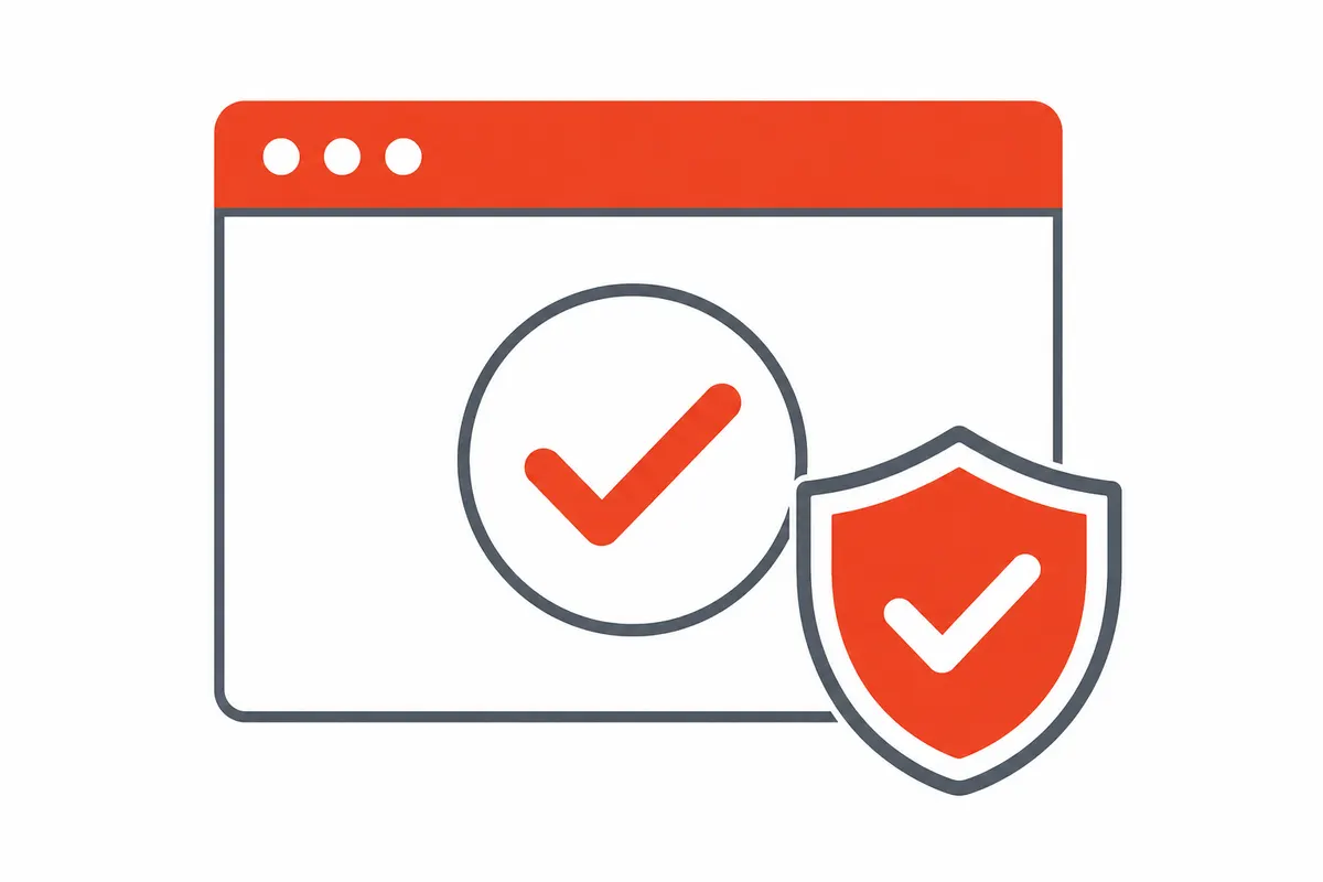 Illustration of a verified, trustworthy website with a checkmark shield badge