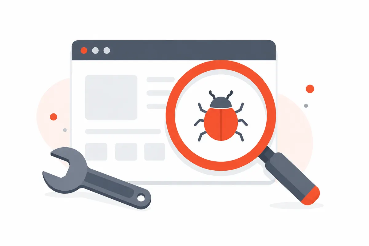 Illustration of a magnifying glass inspecting a webpage with a wrench fixing a bug
