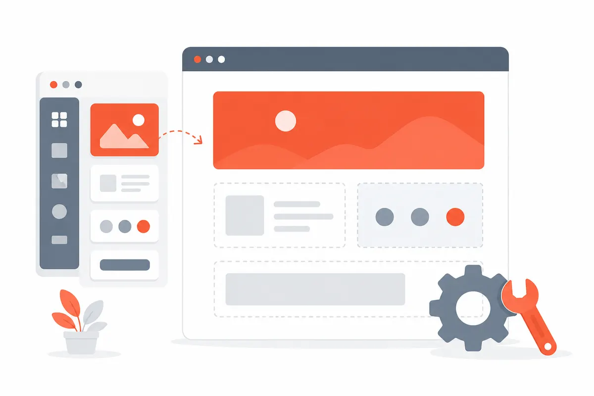 Illustration of Joomla building blocks assembling into a website with tools nearby