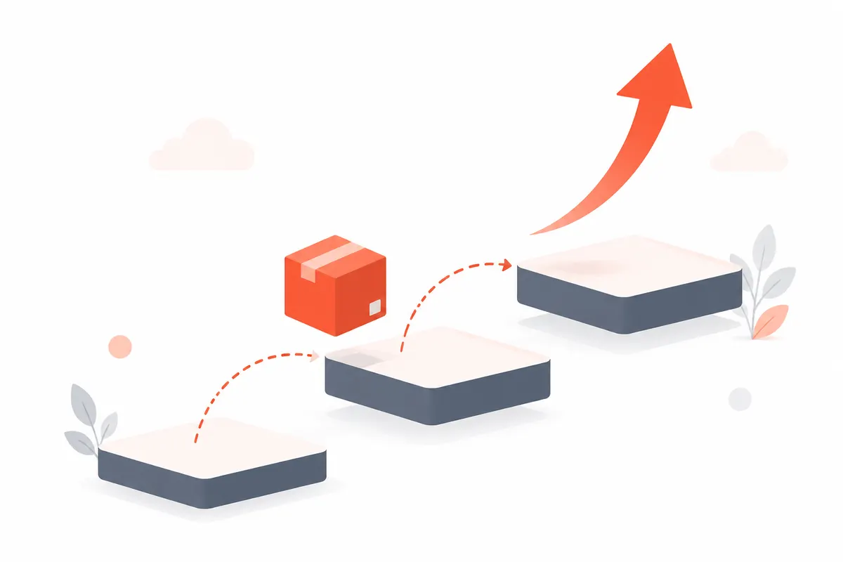 Illustration of ascending platforms with an upward arrow showing a version upgrade path