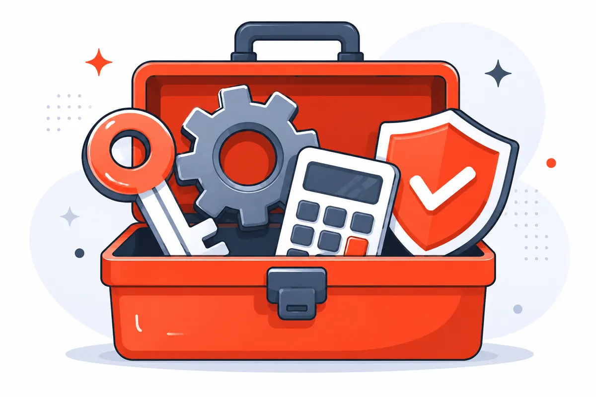 Illustration of a toolbox with web tools: a key, gear, calculator and shield
